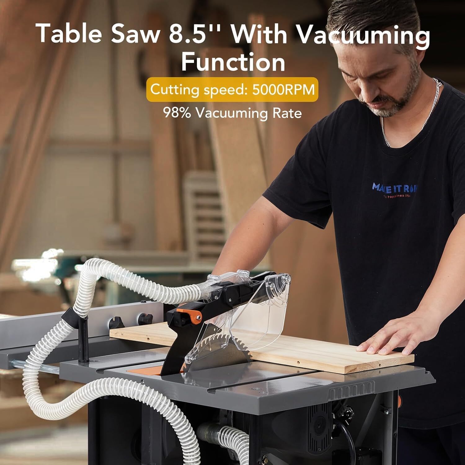 Table Saw 98% Vacuuming Rate Low Noise for DIY Woodworking and Furniture Making