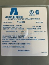 ACME Electric Transformer T181051 Primary Volts 120x240 1PH