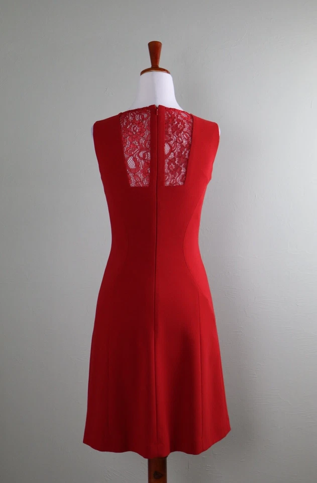 ANTONIO MELANI $159 Solid Red Sheer Lace Yoke Shift Heart Neckline Dress Size 0 - Image 4 of 4