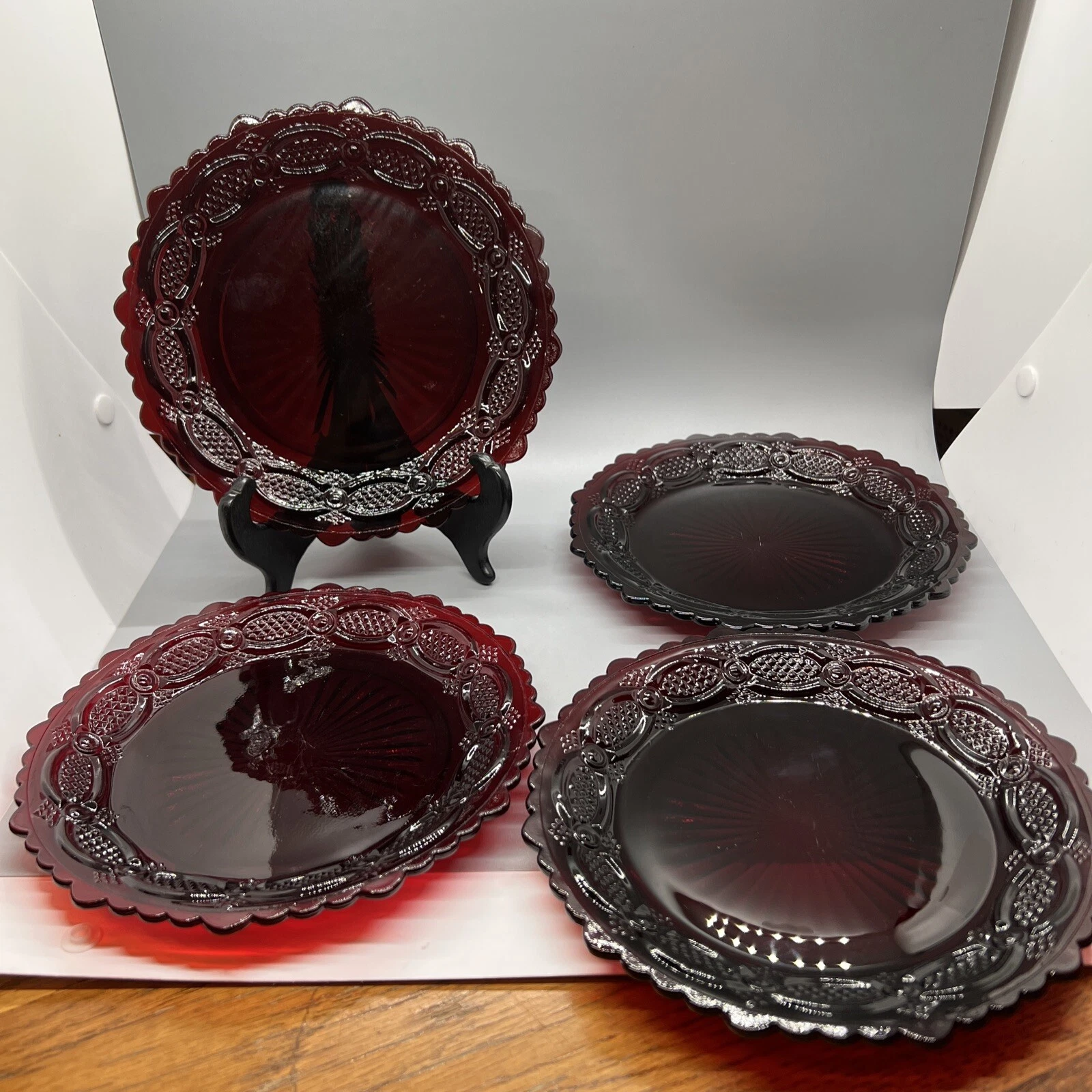 Set Of 4 Vintage AVON Cape Cod Glass 7" Dessert   Salad Plates  Ruby Red