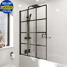 Square Black Grid Bath Shower Screen Door Hinged 1000mm Framed Safety Glass 6mm