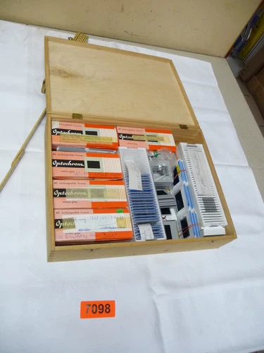 7098.    Bundle of old slides with wooden box