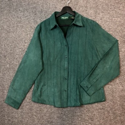 Lemon Grass Womens L Blouse VTG Microsuede Green L/SLV Pleated Lined Button Up
