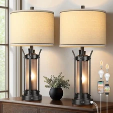 QiMH Farmhouse Table Lamps for Living Room, Beside Lamps for Bedroom with USB A+