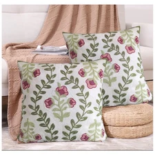 Pink Floral Embroidered Rose Throw Pillow Covers 18"x18" Set of 2 Farmhouse C...