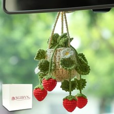 Crochet Hanging Plant for Car,Car Decorations Olive Green Leaves Strawberry