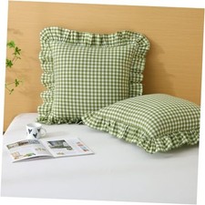 2 Pack Plaid Ruffle Throw Pillow Covers,100 20" x 20" - Set of 2 Green/White