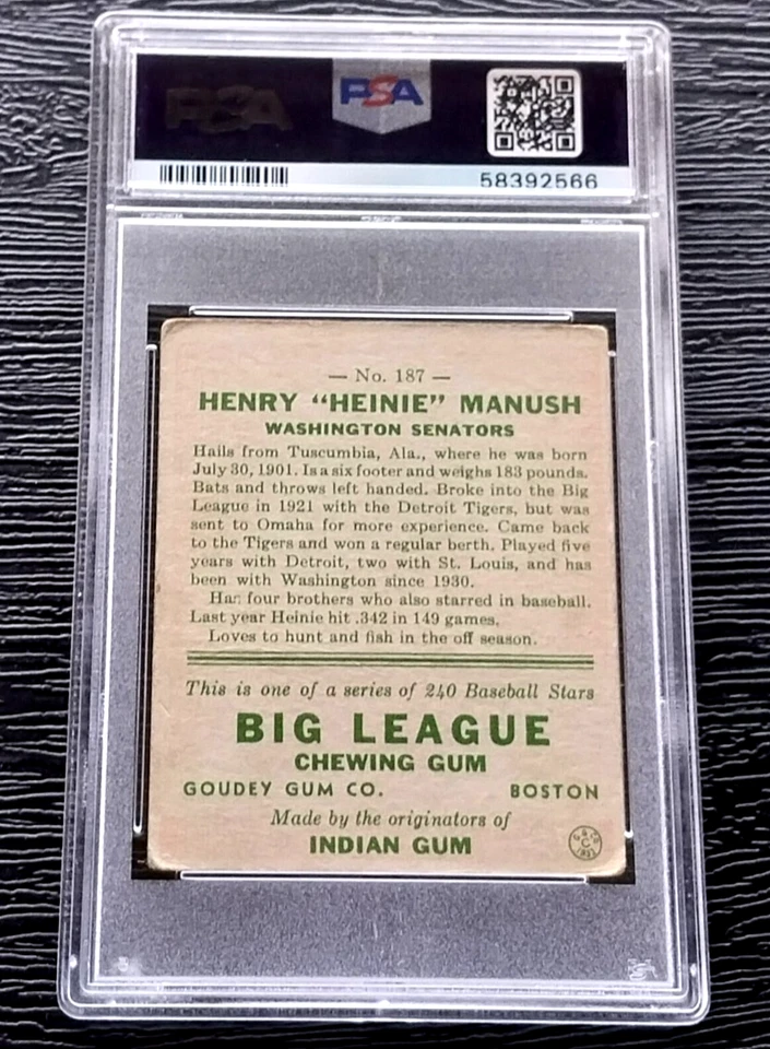 Tarjeta de béisbol 1933 Goudey Heinie Manush #187 ****gran tarjeta**** PSA 2 buena Foto 4 de 4