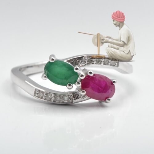 925 Sterling Silver Natural Ruby and Emerald Bypass Ring Jewelry - Foto 1 di 7