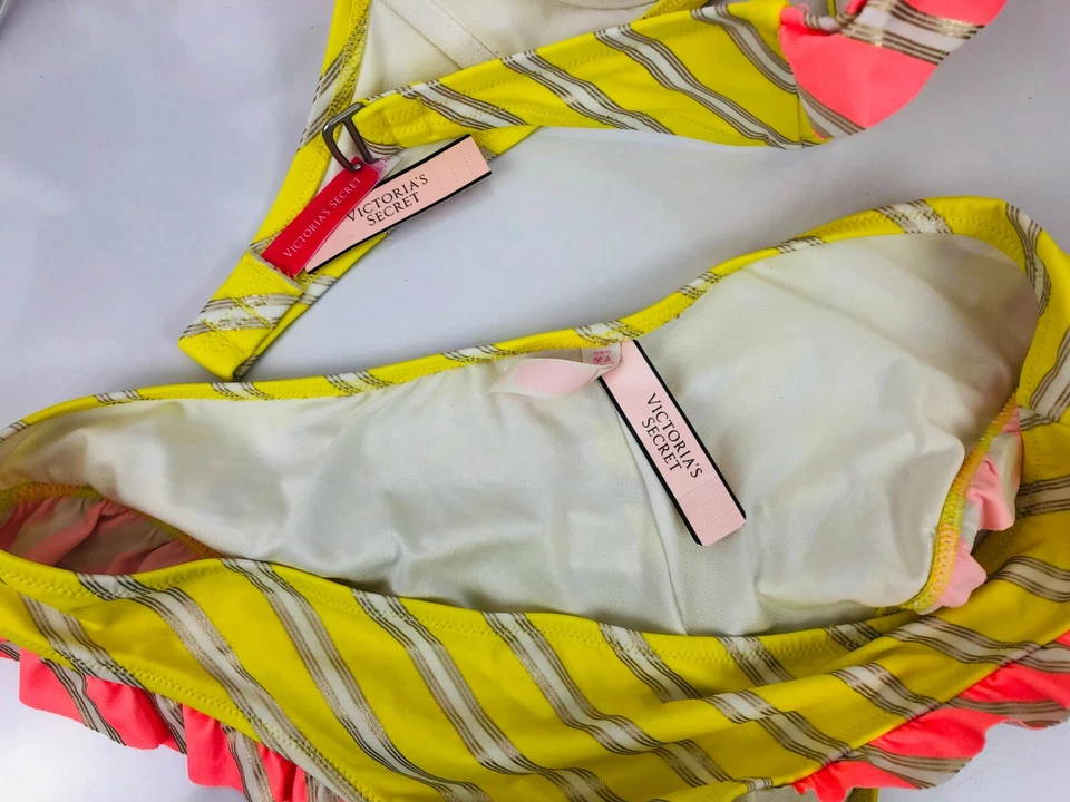 Nuevo con etiquetas Bikini Victoria's Secret Moldeado con Volantes Bandeau Cheeky Hipkini Rayas 32D M Foto 4 de 4
