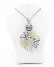 Stainless Steel Hawaiian Monstera Tri Color Leaf Freshwater Pearl Necklace