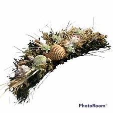 Cresent Wreath Sea Shells Flowers Twigs Wheat 18x7x4”