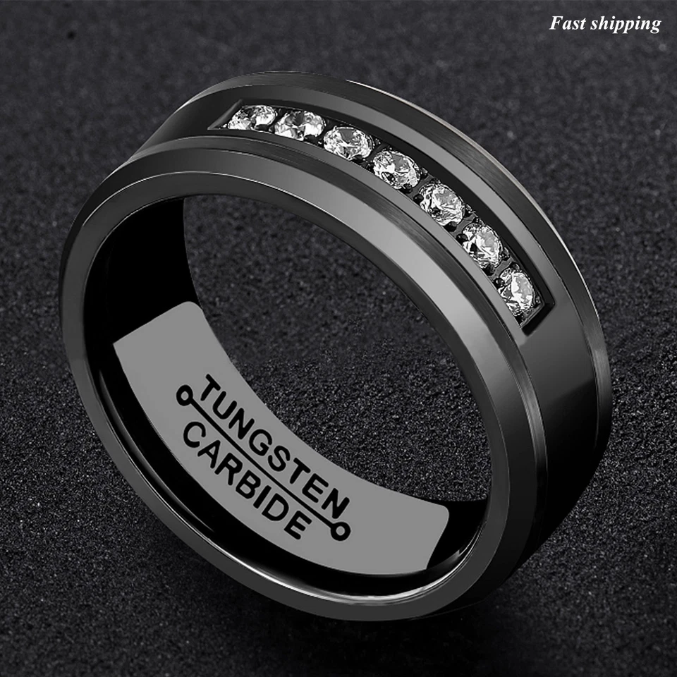 8毫米黑色硬质合金戒指钻石镶嵌舒适贴合ATOP男士结婚戒指 — 第 3/4 张图片