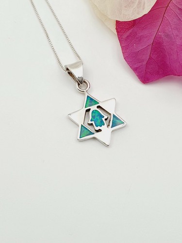 Blue Opal David Star Hamsa Pendant 