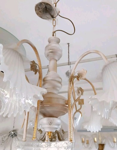 Lampadario In ferro battuto avorio oro Vetro Murano bianco shabby chic Classico - Foto 5 di 5