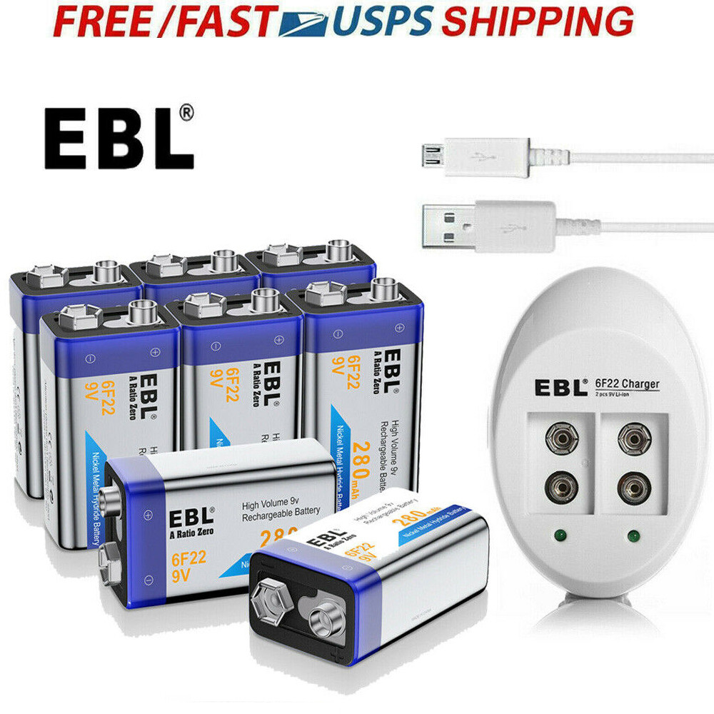 EBL 9V Rechargeable Batteries 280mAh 9Volt 6F22  Ni-Mh  / USB Charger Lot-image