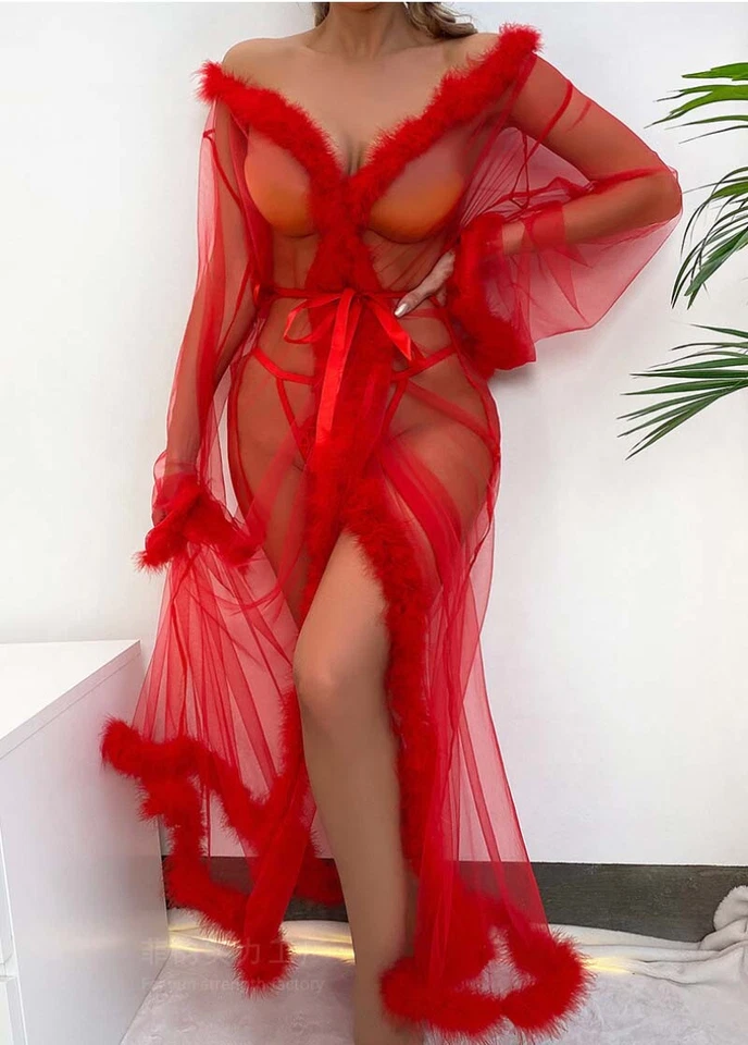 Sexy See-Through Mesh Long Sleepwear Robe with Belt Sheer Lingerie Dress Gown - Image 2 of 4