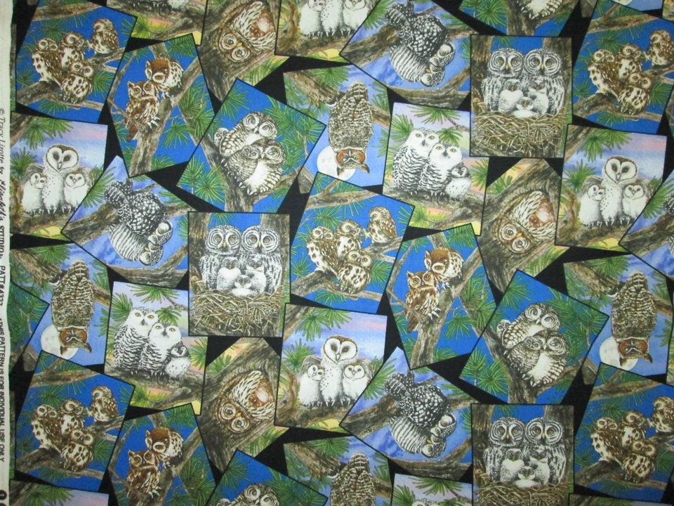 OWLS BLOCKS REALISTIC TREE OWL GREEN BLACK COTTON FABRIC FQ OOP - Image 3 of 4