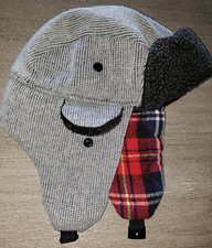 BOYS ONE SIZE GRAY QUILTED FLANNEL LINED TRAPPER HAT thick knit warm NICE