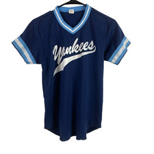 Vintage Wilson V-Neck Youth Team Yankees Blue White Jersey Shirt Boys Large