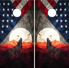 Wolf American Flag LAMINATED Cornhole Wraps Bag Toss Skin Decal
