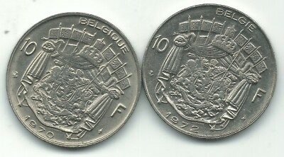 LOT 2 HIGH GRADE AU 1970 & 1972 BELGIUM 10 FRANC-FRANCS COIN