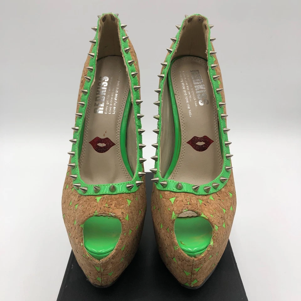 Red Kiss Platform Heels Women's Size 6.5 Cork and Green Spike Studded - Image 4 of 4