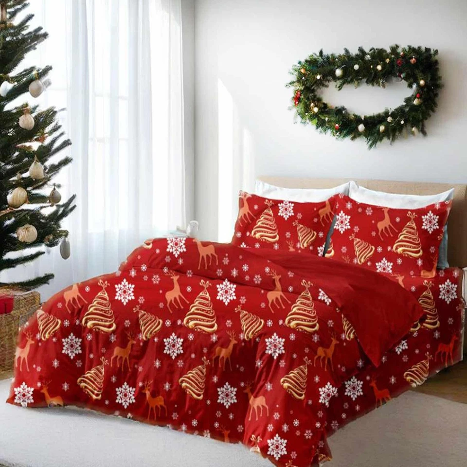 Funda Nórdica Navidad Talla Queen, 3 Piezas Rojo Deear Dorado Árbol y Estampado de Nieve Foto 2 de 4