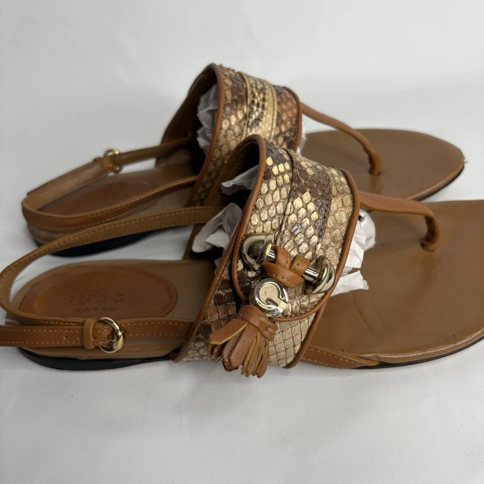GUCCI Brown Leather GG Horsebit T-Bar Thong Sandals Size 36 - Image 3 of 4