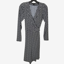 Banana Republic Wrap Dress Sz M Polka Dot Long Sleeve Knee Length Black White