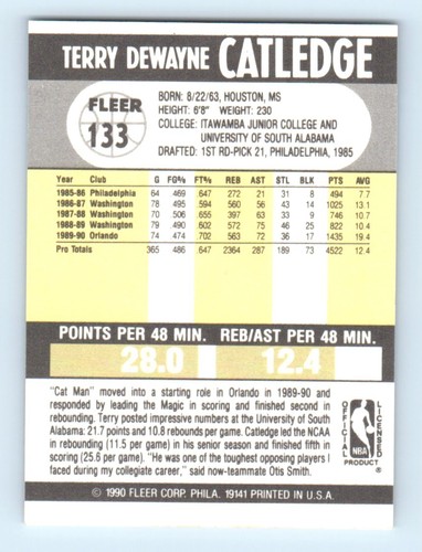 1990-91 Fleer Terry Catledge Orlando Magic #133 - Picture 2 of 2