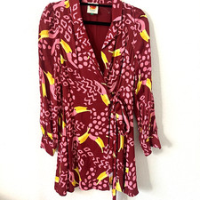 NWOT Farm Rio Sz XS Toucanissimo Long Sleeve Novelty Print Wrap Dress Burgundy