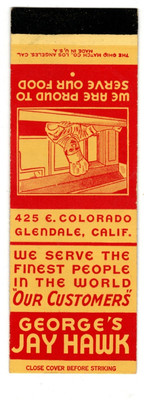 GEORGE'S JAY HAWK salesman matchbook matchcover - GLENDALE, CALIFORNIA