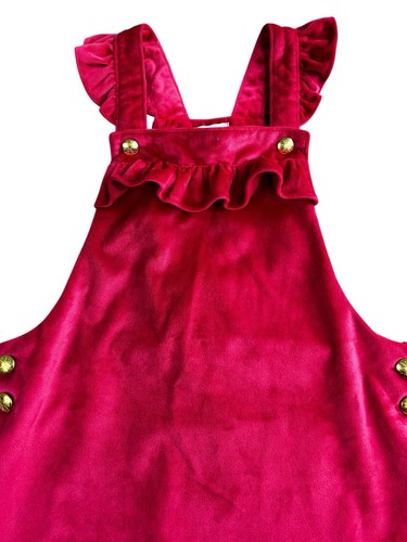 Tahari Red Velour Jumper Dress Sz 8 Gold Snowflake Buttons Ruffled Straps - Bild 4 von 7