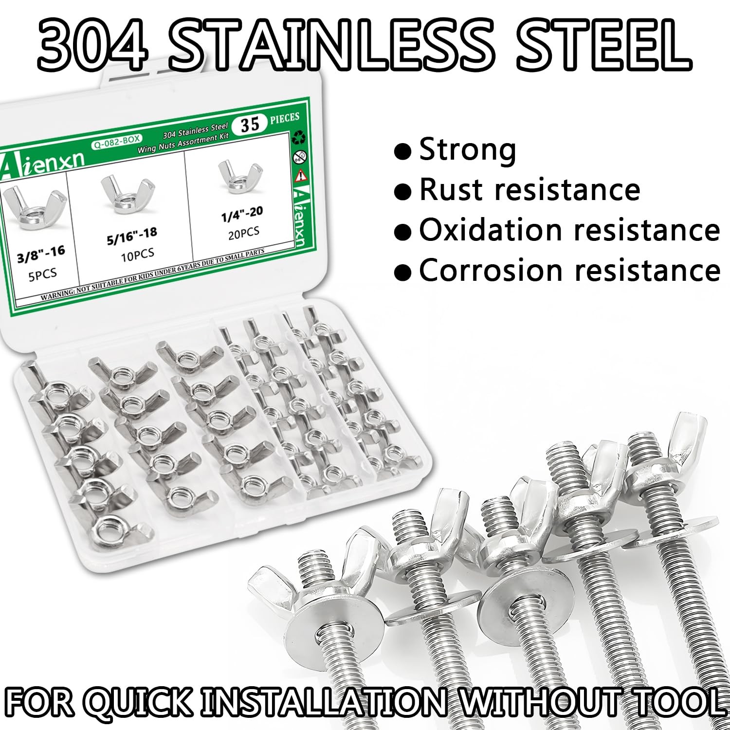 Aienxn 35PCS SAE Sizes Wing Nuts Assortment Kit, 304 Stainless Steel 1/4"-20,...