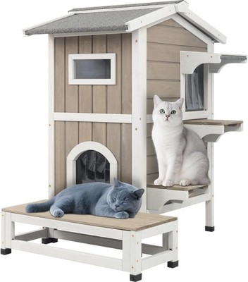 Petscosset 2-Story Wooden Outdoor Cat House Feral  Shelter with Openable Roof