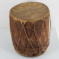 VINTAGE NATIVE AMERICAN RAWHIDE LOG DRUM 9.75" X 12"