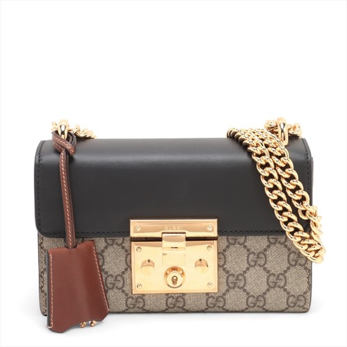 Gucci GG Supreme Padlock PVCx leather Chain Shoulder Bag Beige x black 409487