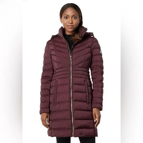 Nuovo cappotto Michael Kors 3 4 zip davanti piumino leggero bordeaux XS puffer