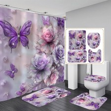 4Pcs Purple Glitter Floral Shower Curtain Set Bathroom Sets Butterfly Diamond...