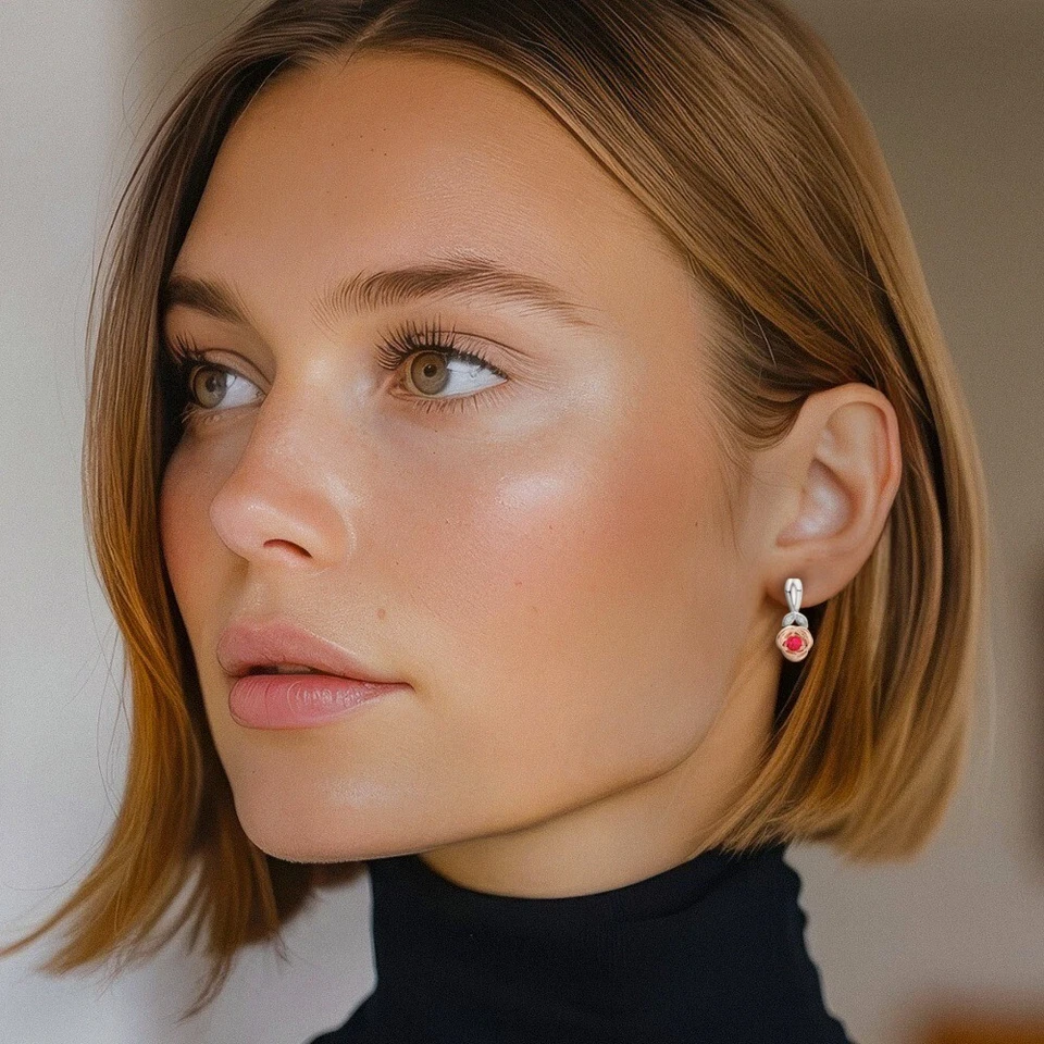 14K Solid Two Tone Gold Ruby Diamond Flower Dangle Earrings - Image 3 of 4