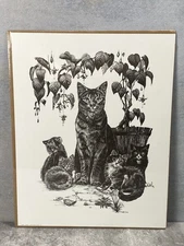 1981 Melody Pena Cat Print Mother Kittens Black White Alberti Design N Hollywood