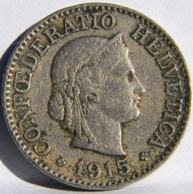 SWITZERLAND: WW-I era 1915-B nickel 10 Rappen, low mintage year; XF