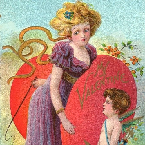c.1910 Lady w Whip Purple Dress Cupid Valentine Series Poem Postcard Giant Heart