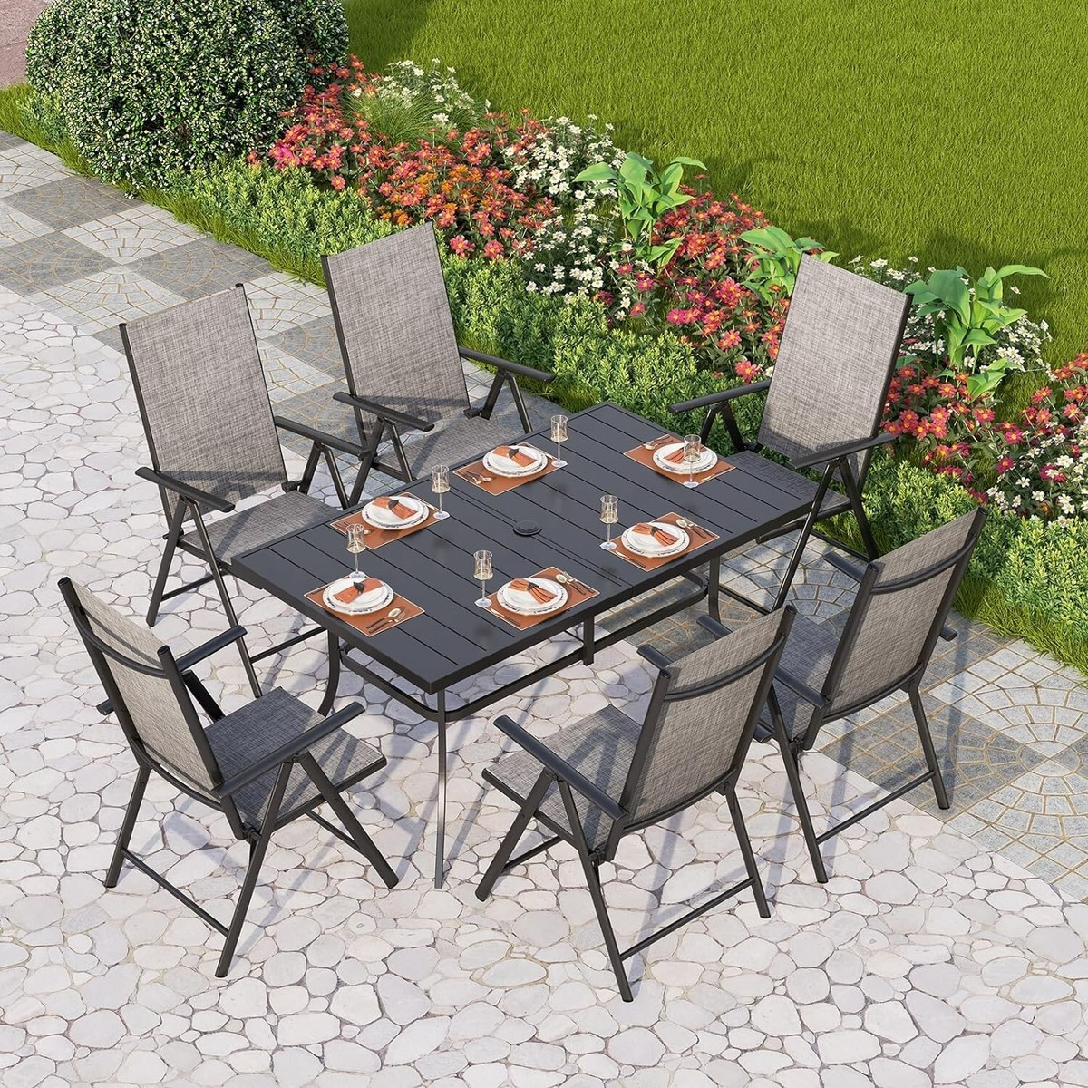 Phi Villa Table Set With Umbrella PHI VILLA 7Piece Outdoor Patio