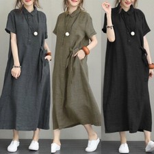 Women Short Sleeve Casual Dress Solid Button Loose Vintage Style Daily Summer