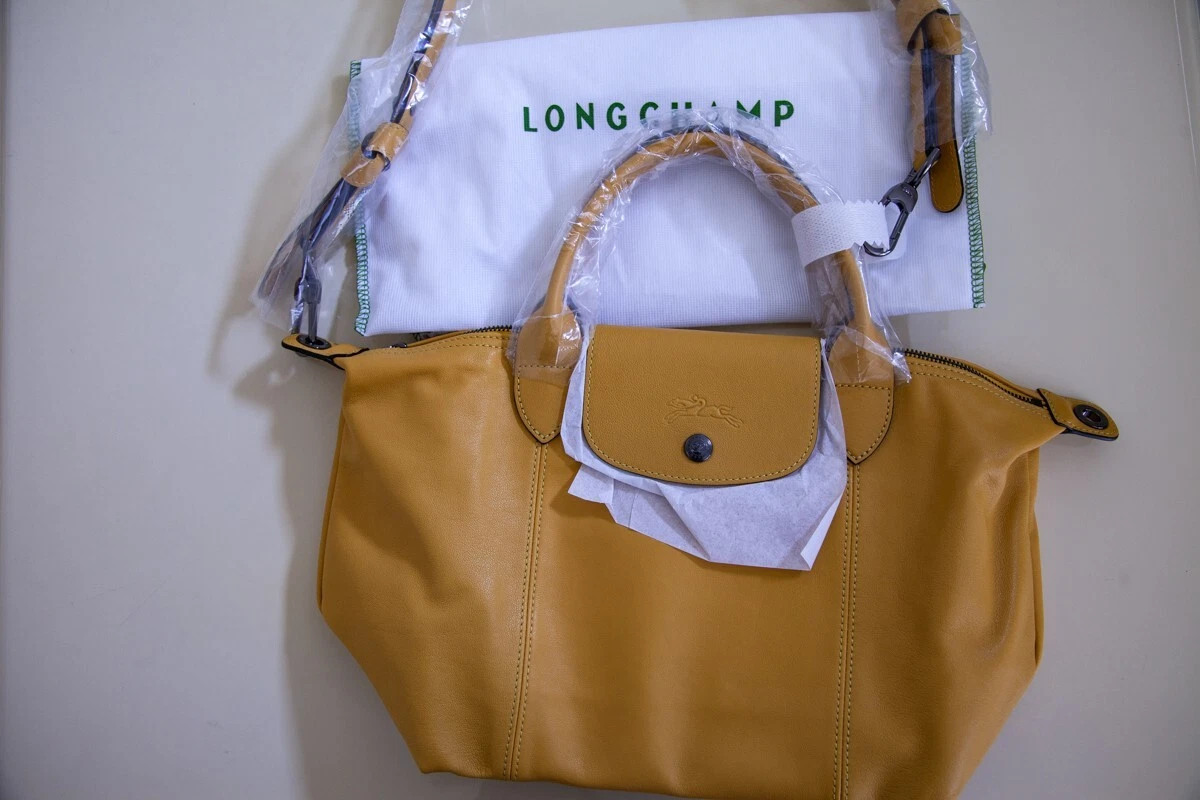 Longchamp Small Le Pliage Cuir Leather Shoulder Bag Desert dark yellow