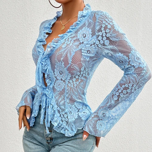 Sexy Damenbluse mit Blumenspitze zum Binden vorne durchsichtig V-Ausschnitt Cardigan Rüschenbluse - Bild 17 von 28