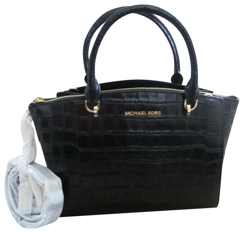 Michael Kors Ellis Large Embossed Leather Satchel Bag Black