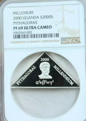 2000 UGANDA SILVER 2000 SHILLINGS PYTHAGORAS NGC PF 69 ULTRA CAMEO RARE TOP POP
